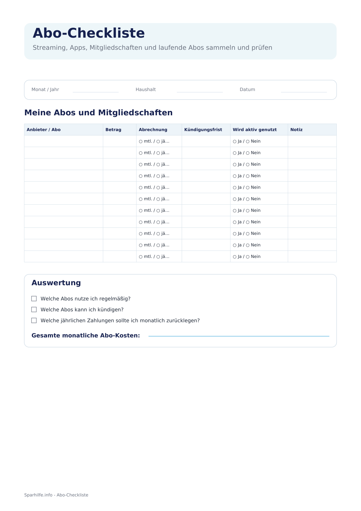Vorschau: Abo-Checkliste