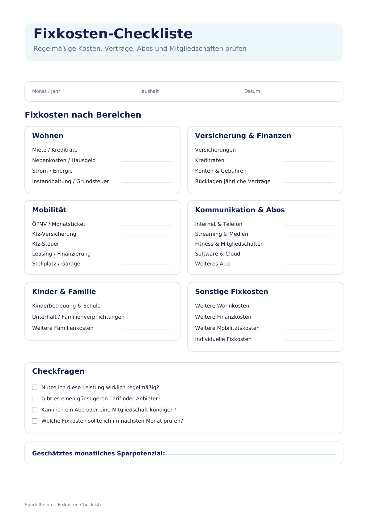 Vorschau: Fixkosten-Checkliste
